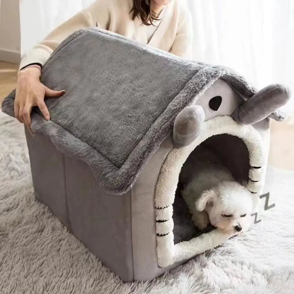 HomePaw All-Season Indoor Dog House - dog sleeping comfortably inside cosy dog house